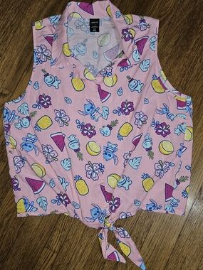 Disney Stitch Pink Tropical Fruit & Floral Button-Up Shirt/Hot Topic
